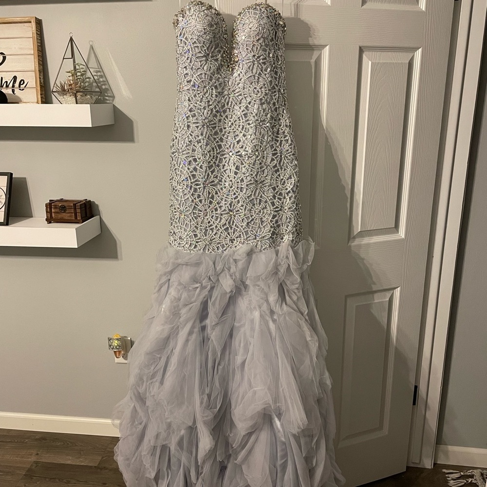 Silver strapless prom dress size 8